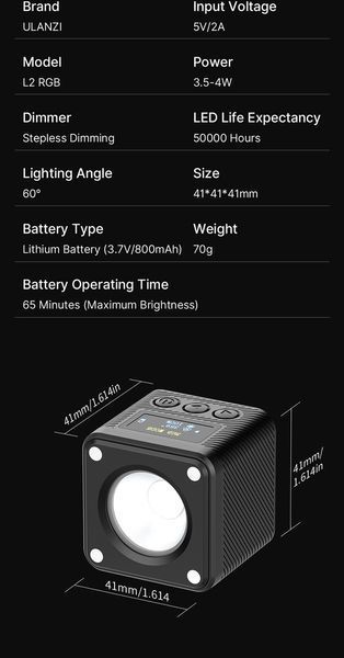 Світлодіодне накамерне світло для фотозйомки Ulanzi L2 RGB Mini COB чорний