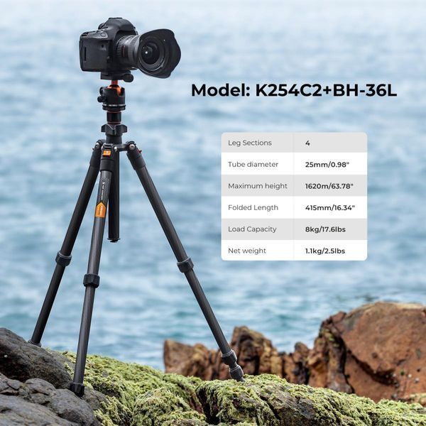 Легкий штатив із вуглецевого волокна K&F Concept K254C2+BH-36L для фотоапаратів, висота 1,6м, вантажопідйомність 8кг (KF09.123)