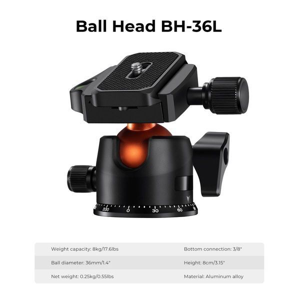 Легкий штатив із вуглецевого волокна K&F Concept K254C2+BH-36L для фотоапаратів, висота 1,6м, вантажопідйомність 8кг (KF09.123)