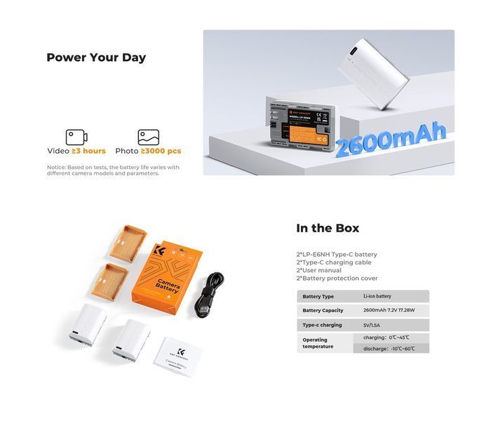 Комплект двух аккумуляторных батарей с выходом Type-C K&F Concept LP-E6NH 2600mAh White для Canon (KF28.0033S1) KF28.0033S1 фото