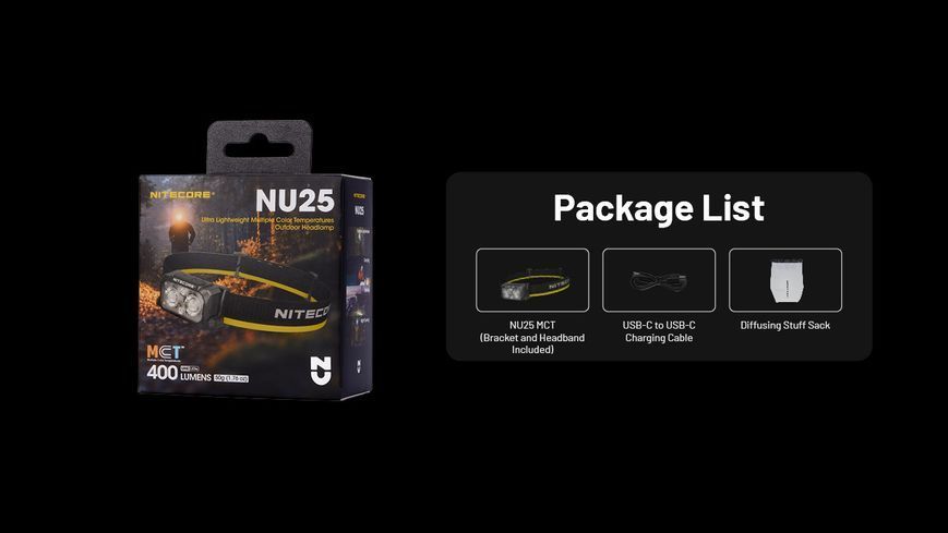Ультралегкий налобний ліхтар Nitecore NU25 MCT (UHE LED 3000, 4500, 6500К, 400Лм, 132м, 700мАг) 010208.1 фото