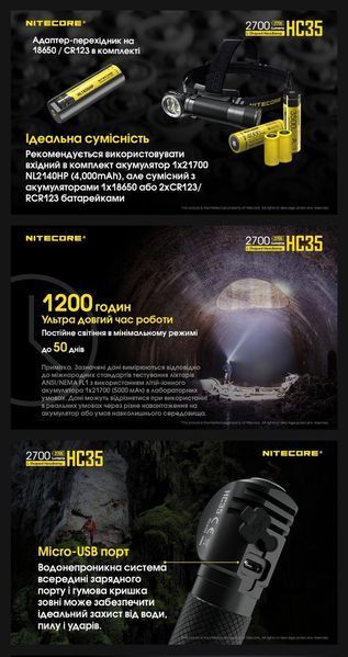 3в1 - Надпотужний налобний, ручний, кемпінговий ліхтар Nitecore HC35 з магнітним кріпленням 010203 фото