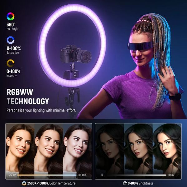 Кільцева студійна LED лампа для блогера Neewer SRP18C RGB 55Вт 48см 2500-10000К з APP керуванням 10104340 фото