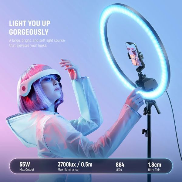 Кільцева студійна LED лампа для блогера Neewer SRP18C RGB 55Вт 48см 2500-10000К з APP керуванням 10104340 фото