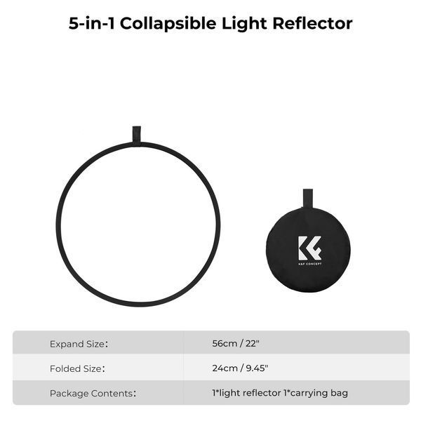 Складаний портативний світловідбивач рефлектор K&F Concept 5 в 1 22" (56 см) розсіювач світла для зйомки (KF18.0001) KF18.0003 фото