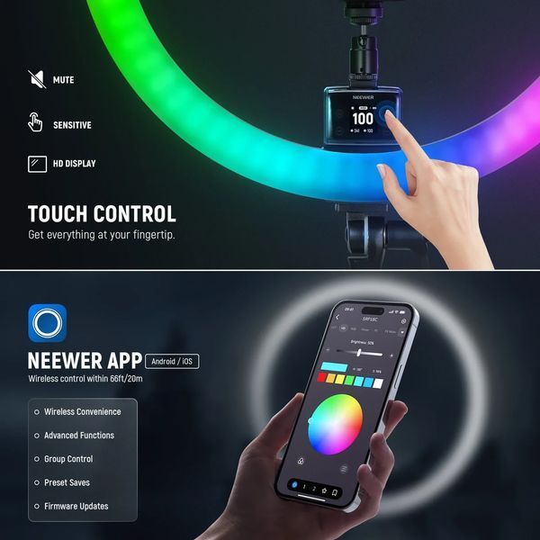 Кільцева студійна LED лампа для блогера Neewer SRP18C RGB 55Вт 48см 2500-10000К з APP керуванням 10104340 фото