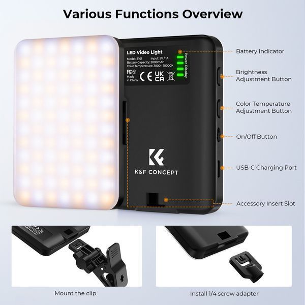 Світлодіодний відеоліхтар лампа K&F Concept Z101 із затискачем та фільтрами 4 кольорів 4Вт 3000K-10000K 3 режими (KF34.034) KF34.034 фото
