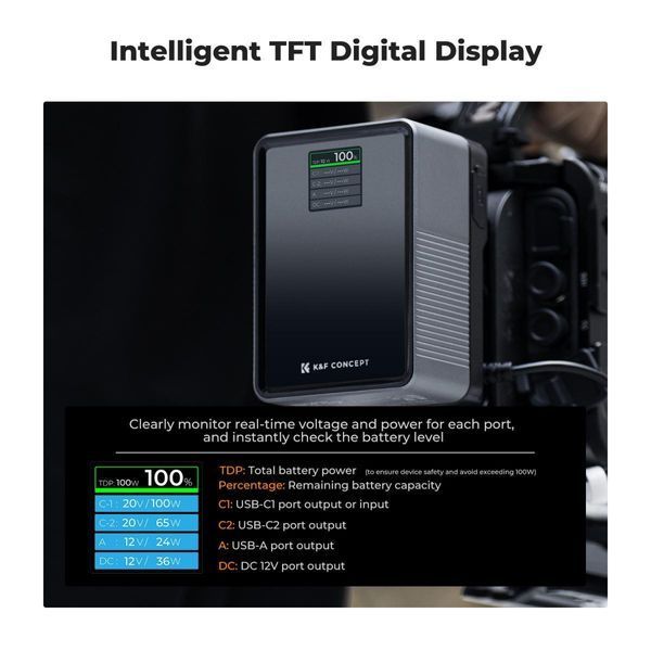 Акумуляторна V-Mount батарея K&F Concept KF-V99 Pro 6700mAh з цифровим екраном, USB-C, USB-A, BP/D-TAP, DC 12V (KF28.0024V1) KF28.0024V1 фото