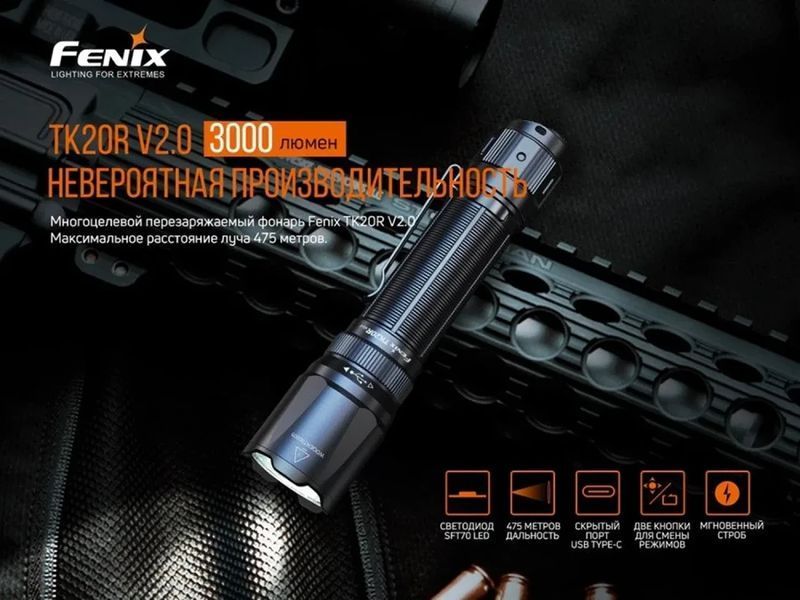 Ліхтар Fenix TK20R V2.0 (Luminus SFT70, 3000 люмен, 6 режимів, 1х21700, USB-C) 030101 фото