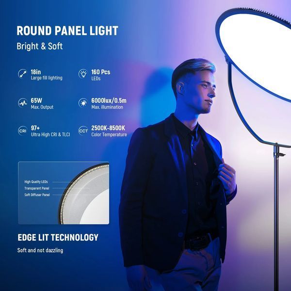 Різнокольорова кругла світлодіодна панель NEEWER GR18C RGB 65Вт з APP керуванням 2500-8500К, 18 ефектів