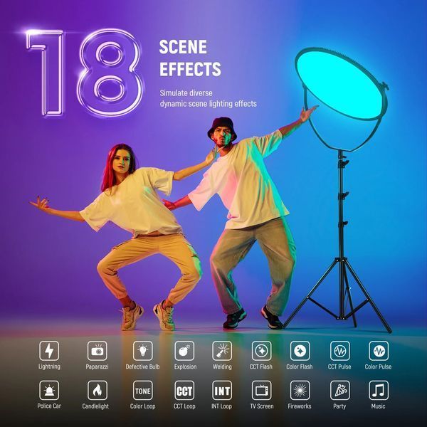 Різнокольорова кругла світлодіодна панель NEEWER GR18C RGB 65Вт з APP керуванням 2500-8500К, 18 ефектів
