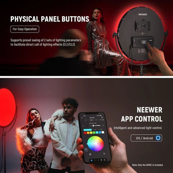 Різнокольорова кругла світлодіодна панель NEEWER GR18C RGB 65Вт з APP керуванням 2500-8500К, 18 ефектів
