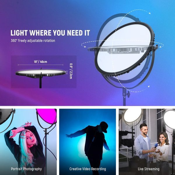Різнокольорова кругла світлодіодна панель NEEWER GR18C RGB 65Вт з APP керуванням 2500-8500К, 18 ефектів