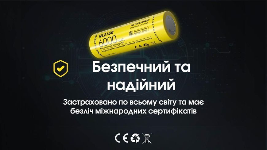 Літій-іонний акумулятор 21700 Nitecore NL2160 (6000mAh, 8А)