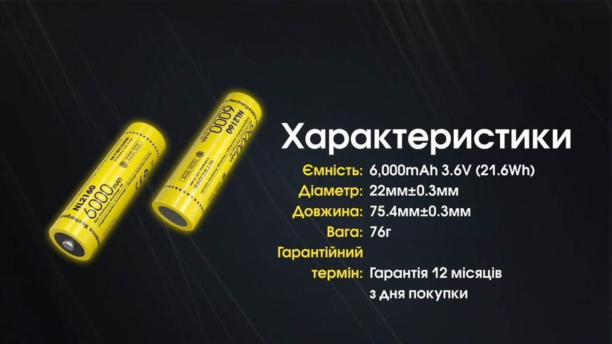 Літій-іонний акумулятор 21700 Nitecore NL2160 (6000mAh, 8А)