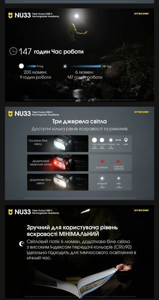 Налобний кемпінговий ліхтар Nitecore NU33 з розсіювачем для кемпінгу 010212 фото