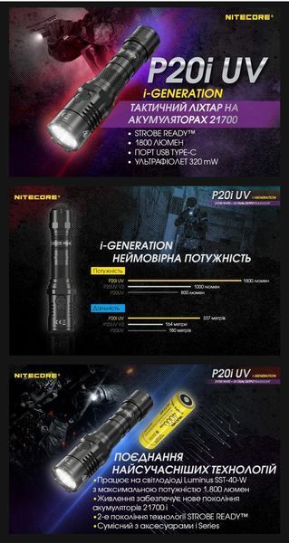 Мощный ручной фонарь Nitecore P20i UV с белым и ультрафиолетовым светом (USB Type-C) 010332 фото