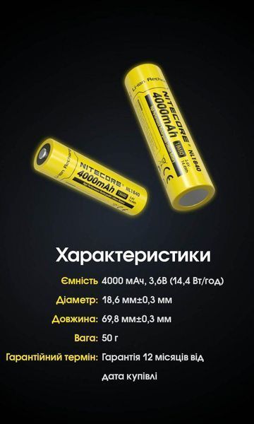 Акумулятор літій-іонний 18650 Nitecore NL1840 (4000мАг, 5А) 010714 фото