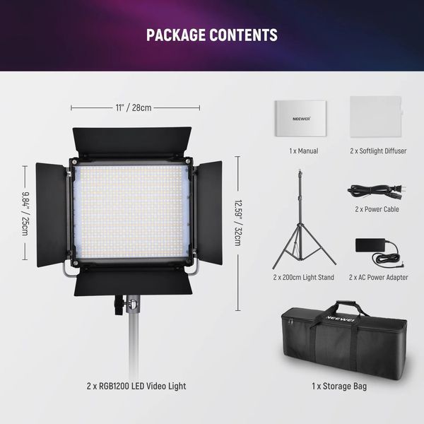 Студийный видеосвет NEEWER RGB1200 комплект из двух ламп 60Вт и двух штативов-стоек 200см 10104230 фото