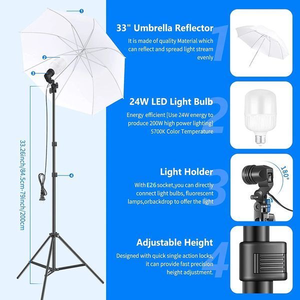 Комплект студійного освітлення для фотозйомки Neewer NK100 3x2.6 м (6 стійок, 3 фони, 2 софтбокси, 2 парасолі, 4 лампочки)