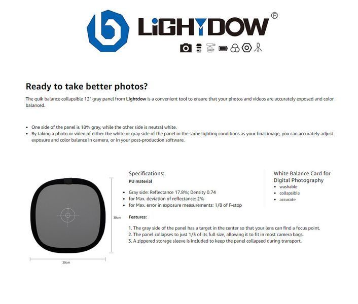 Сложный рефлектор баланса белого серая карта 18% Lightdow с двойной панелью фокусировки 30см 100506.1 фото