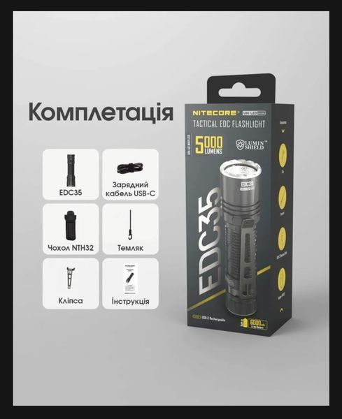 Надпотужний кишеньковий ручний ліхтар, що заряджається Nitecore EDC35 (5000Лм, 550м, 6000мАг, USB Type-C)