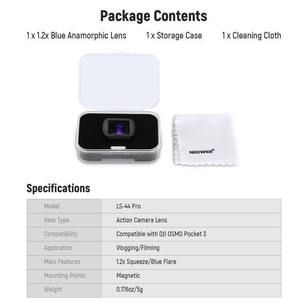 Cиняя анаморфная магнитная линза объектив Neewer LS-44 Pro 1,2X для DJI Osmo Pocket 3 10105889 фото