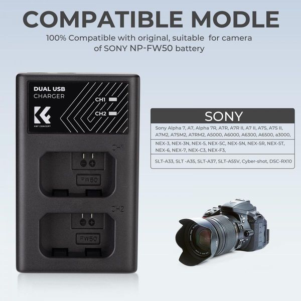 Двоканальний зарядний пристрій K&F Concept NP-FW50 для камер Sony (KF28.0009) KF28.0009 фото