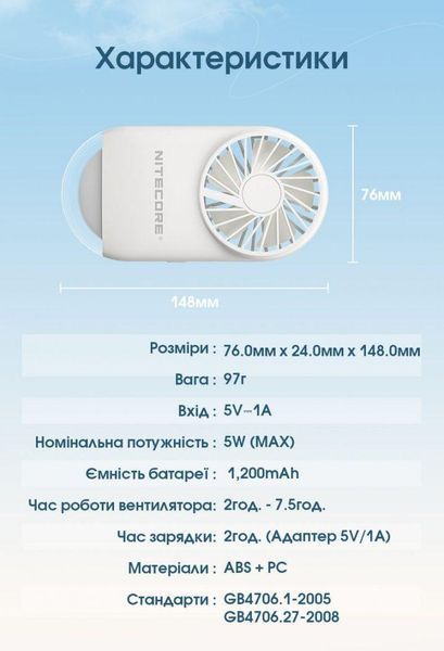 Бездротовий портативний вентилятор з ліхтарем Nitecore NEF02 (USB-C, 1200мАг), білий