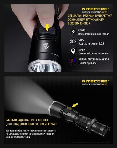 Ліхтар Nitecore MH27UV (Світлодіод: Білий, Червоний, Синій, УФ, 462м, 1000Лм)