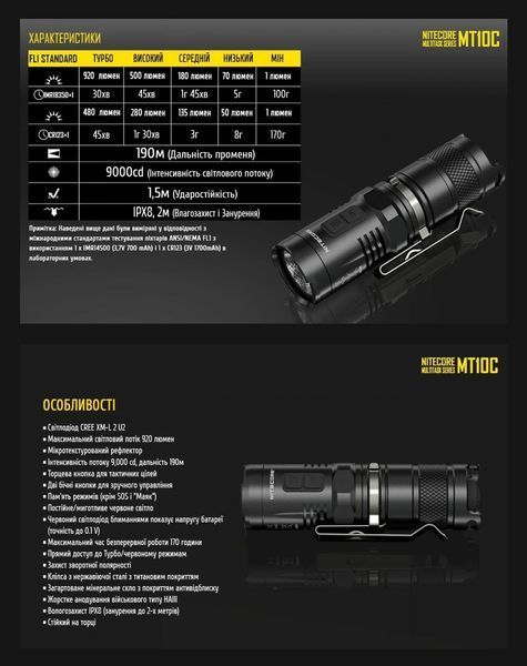 Карманный ручной фонарь Nitecore MT10C (920Лм, 190м, дополнительный красный свет) 010345 фото