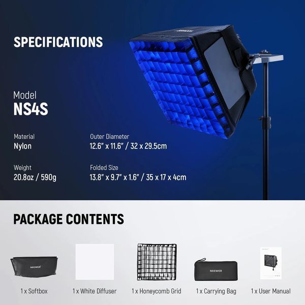 Прямокутний софтбокс із стільниковою сіткою NEEWER NS4S 32*29,5см для лампи Neewer RGB660/RGB660 PRO/NL660/RGB660 PRO II