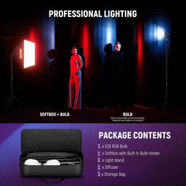 Комплект студійного світла NEEWER NK300 RGB з APP керуванням (софтбокс 60*60см, лампа RGB 24Вт, стійка 210см)