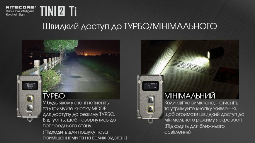 Наключний ліхтарик з LED дисплеєм Nitecore TINI 2 Ti (USB Type-C), титан