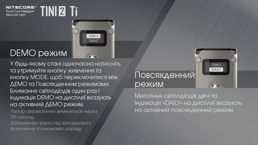 Наключний ліхтарик з LED дисплеєм Nitecore TINI 2 Ti (USB Type-C), титан