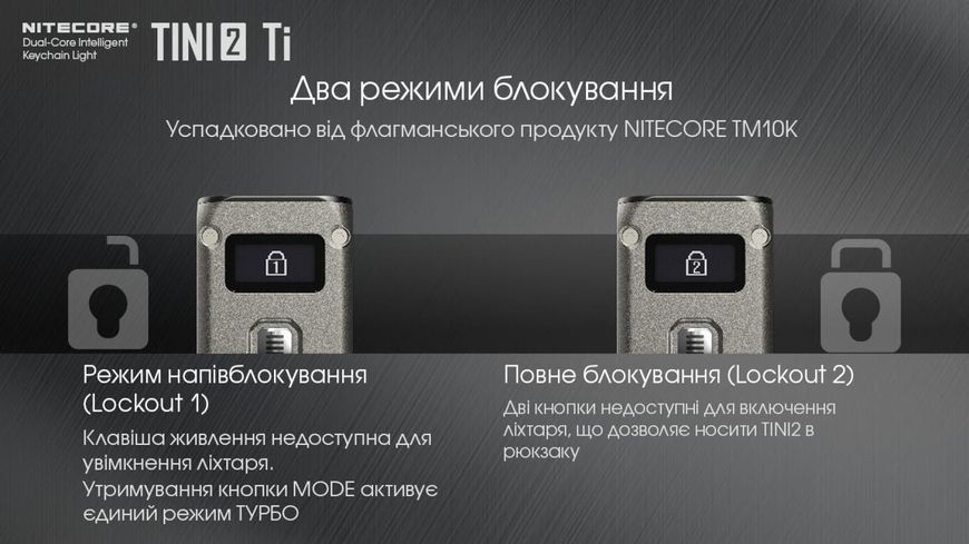 Наключний ліхтарик з LED дисплеєм Nitecore TINI 2 Ti (USB Type-C), титан