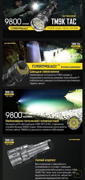Надпотужний тактичний ліхтар Nitecore TM9K TAC (9800Лм, 280м, 5000мАг, USB Type-C) 010319 фото