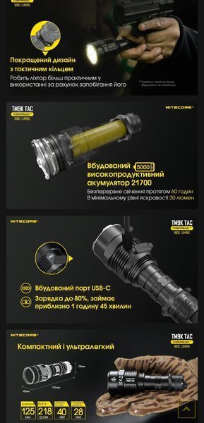 Надпотужний тактичний ліхтар Nitecore TM9K TAC (9800Лм, 280м, 5000мАг, USB Type-C) 010319 фото