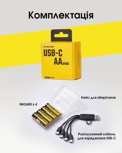 Комплект акумуляторів AA Nitecore NH2400 1,5V (2400 mAh, USB Type-C), захищений (4 шт, кабель)