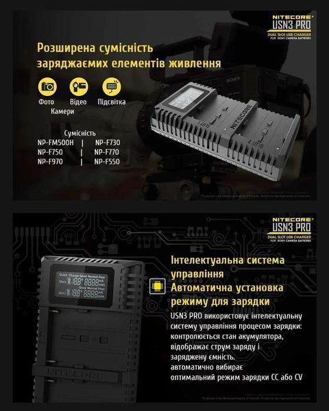 Інтелектуальний зарядний пристрій для акумуляторів типу NP-F Nitecore USN3 PRO (1200мА, 2 канали)