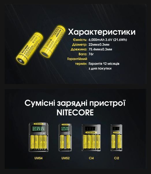 Літій-іонний акумулятор 21700 Nitecore NL2160HP (6000mAh) 010707 фото