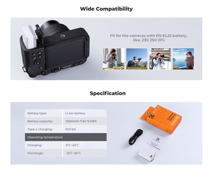 Акумулятор K&F Concept EN-EL25 1250мАг із швидкою зарядкою Type-C для камери Nikon Z30, Z50, ZFC (KF28.0040) KF28.0040 фото