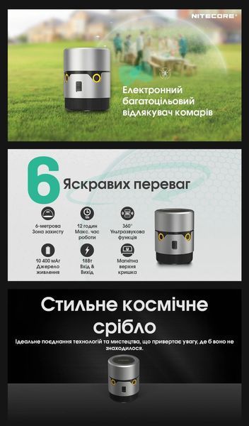 Nitecore EMR30 2в1 Фумігатор бездротовий, Power Bank (QC 3.0, 10400mAh, Відлякувач комарів, нагрівання та ультразвук)
