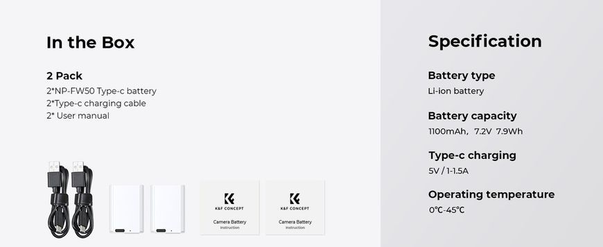 Комплект з двох акумуляторних батарей K&F Concept NP-FW50 1100мАг White з USB-C портом для Sony (KF28.0026S1)