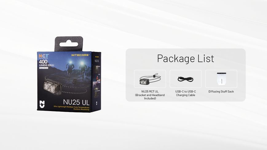 Ультралегкий налобний ліхтар Nitecore NU25 MCT UL (UHE LED 3000, 4500, 6500К, 400Лм, 132м, 700мАг)