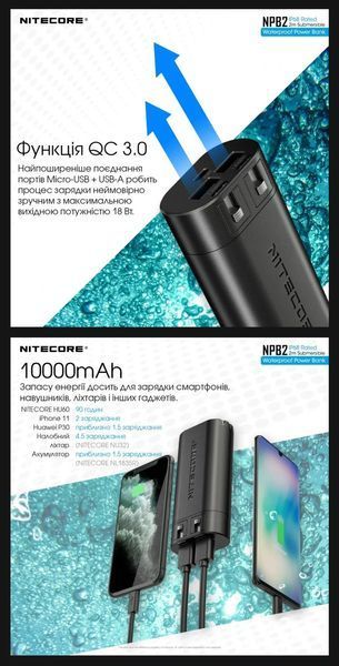 Водонепроницаемый павербанк Power Bank Nitecore NPB2 (10000mAh, 18W) 011308 фото