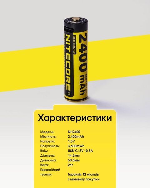 Комплект літій-іонних акумуляторів AA Nitecore NH2400 1,5V (2400 mAh, USB Type-C), 2 шт 010715.3 фото