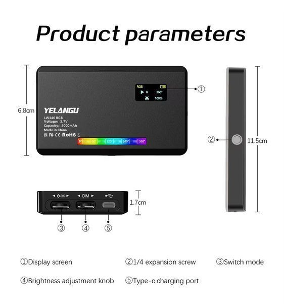 Накамерне світло світлодіодна панель відеосвітло YELANGU W140 RGB з 26 світлоефектами (2500-9000K, 3000мАг) 100508.1 фото