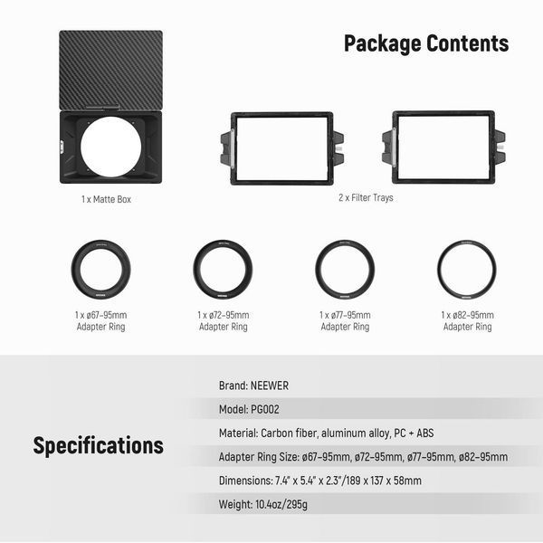 Компендіум для камери Neewer PG002 Mini Matte Box з 2 лотками для фільтрів 4х5,65" та адаптерами 67/72/77/82мм 10102178 фото