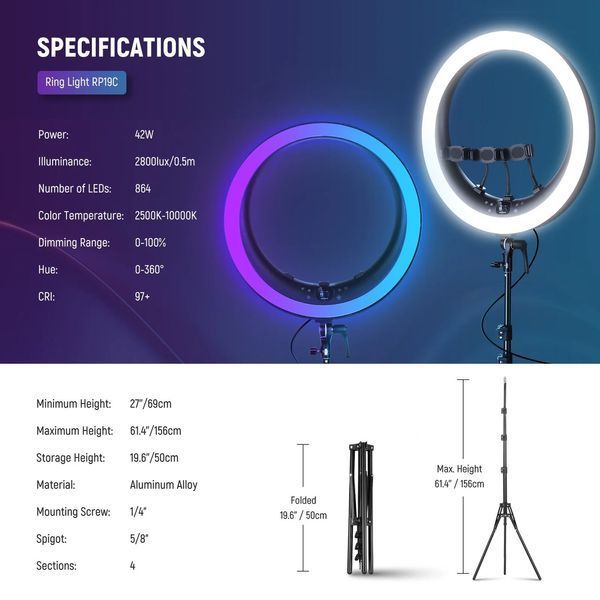 Кільцева студійна RGB LED лампа для блогера Neewer RP19C 42Вт 48см 2500-10000К з APP керуванням